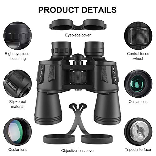RONHAN 20x50 High Powered Binoculars for Adults, Military Compact HD Professional/Daily Waterproof Binoculars Telescope for Bird Watching Travel Hunting Football Games with Carrying Case&Strap（Black）