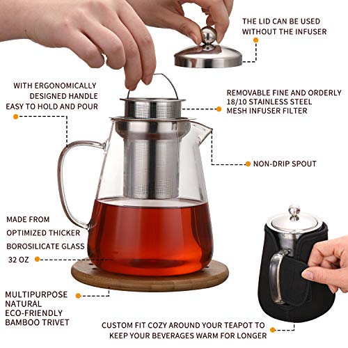 Hiware 32oz Stovetop Safe Glass Teapot with Removable Infuser Lead