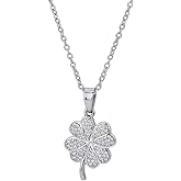Vanbelle Sterling Silver - Rhodium Plated with 925 Stamp - Studded Four-Leaf Clover Pendant Necklace with Cubic Zirconia Stones - Elegant Handcrafted Necklace for Women - Chain 16" Long + 2" Extender