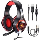 BlueFire Stereo Gaming Headset for Playstation 4 PS4, Over-Ear Headphones with Mic and LED Lights for Xbox One, PC, Laptop (Red)