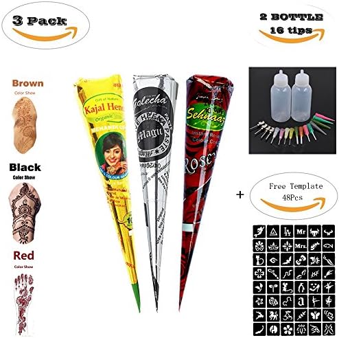 3Pcs Temporary Tattoo India Henna Cones Tube Tattoo Kit Temporary Paste Brown,Black,Red Cones for Body Art Drawing Painting with 2Pcs Tattoo Bottle,16 pcs Needles,48Pcs Free Henna Stencil Set