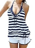New Blue and White Stripe Glamour Halter Underwire Padded Bra Swimsuit Tankini Bikini Swimwear Set (XL)