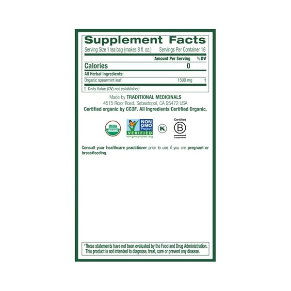 TRADITIONAL MEDICINALS ORGANIC TEA – SPEARMINT 16 BAGS (PACK OF 2)
