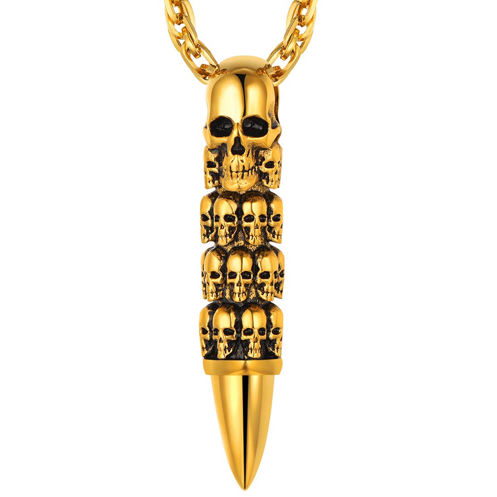 FaithHeart Punk Skull Jewelry for Male Gold Steel Bullet Pendant Gothic Necklace Sturdy Chain 55cm+5cm, Halloween Gifts