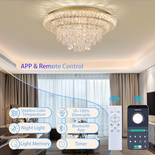 24 inch Crystal Chandeliers With Remote and APP Control, Modern Luxury Flush Mount Gold Ceiling Light, 3CCT Dimmable Brightness Adjustable,SUS 304, For Living/Dining Room Kitchen Bedroom Hallway Foyer