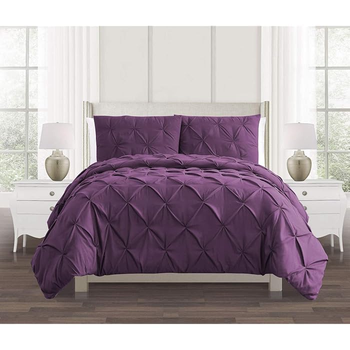 Comfort Collections Luxury Alford Alexander Pin Tuck Pinch Pleat Duvet Quilt Cover Reversible Diamond Bedding Set With Matching Pillowcases Plum Superking 260cm x 220cm Approximate