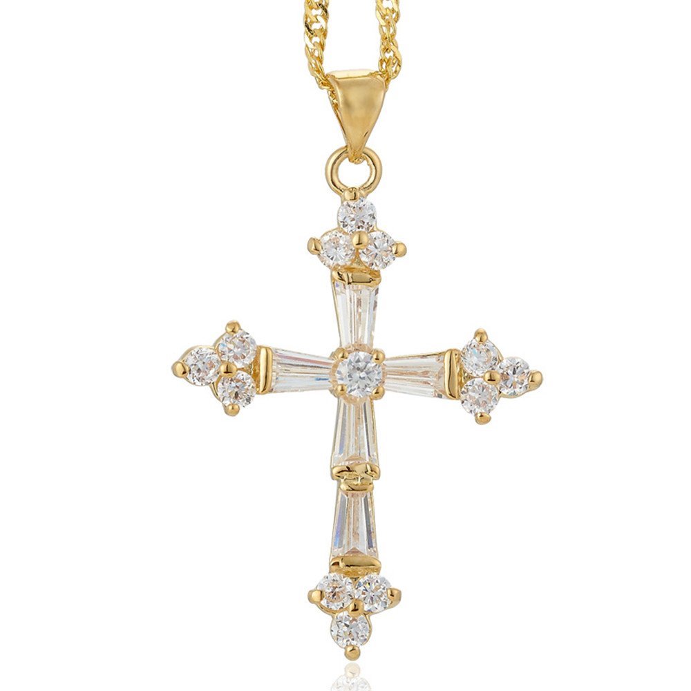 RIZILIA Crucifix Cross Pendant with 45cm(18") Chain & Trapezoid Cut Gemstones CZ [White Topaz] in 18K Yellow Gold Plated, Simple Modern Elegance