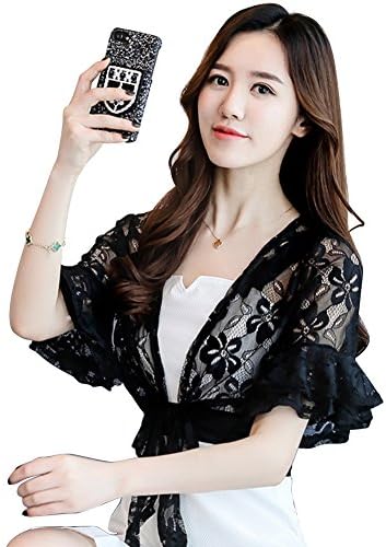 JJT Womens Open Front Loose Shrug Casual Lightweight Short Lace Jacquard Bolero Shrug/Floral Crochet Women