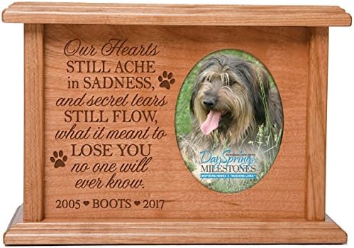 LifeSong Milestones Personalized Pet Cremation Keepsake Urn Box Holds 2x3 Photo Cherry Wood Engraved Urn and Picture Frame for Loss of Dog and Cat Bereavement Gift for Pet Lover Our Hearts Still ACHE