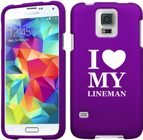 Samsung Galaxy S5 Snap On 2 Piece Rubber Hard Case Cover I Love Heart My Lineman (Purple)
