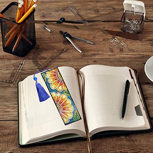Fundaful 2pcs Diamond Painting Bookmark 5D DIY Special Shape Diamonds Shiny Rhinestone Art Kits for Adults Kids Mosaic Leather Tassel Corss Stitch Embroidery Handmade Gift Sun Flowers Landscape