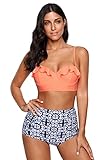 Haicoo Vintage High Waist Floral Women's Bikini Set Strappy Push Up  Orange Top With Plaid Bottom L