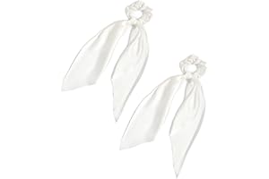LFOUVRE Pack of 2 Knotted Bow Hair Scrunchies Elastic Hair Scarf Hair Ties Bands Silky Satin Hair Ribbon Scrunchy Ponytail Holder for Women and Girls (White)