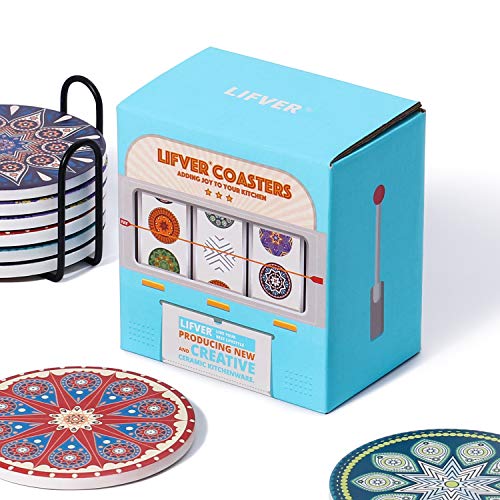 image for LIFVER Absorbent Drink Coasters with Holder, Set of 8 Mandala Style Ce