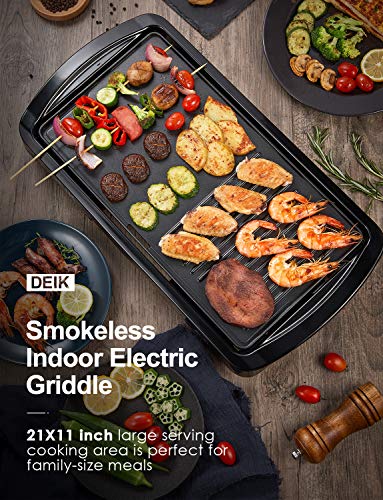 Electric Griddle, DEIK 2-in-1 Indoor Grill Smokeless Coated Non-Stick Pancake Griddle, 20''x10'' Extra Large Surface with 2 Oil Collection Channel, Cold-Touch Design, 5-Level Control, 1600W