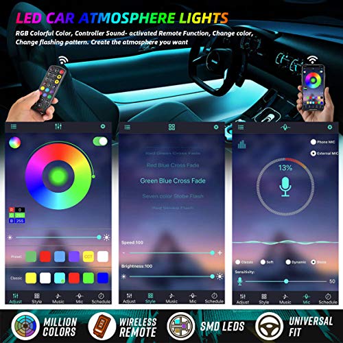 TATUFY Car LED Strip Lights, 4pcs 48 LED DC 12V Interior Car Lights Bluetooth App Control Lighting Kits Multi Color Music Car Strip Lights with Sound Active Function for Smart Phone