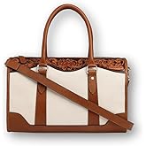 Hyna Cactus Queen Duffel Bag – Handtooled Leather & Cotton Canvas Travel Bag | Off-White & Tan, Stylish Top Grain Leather Duffle for Women