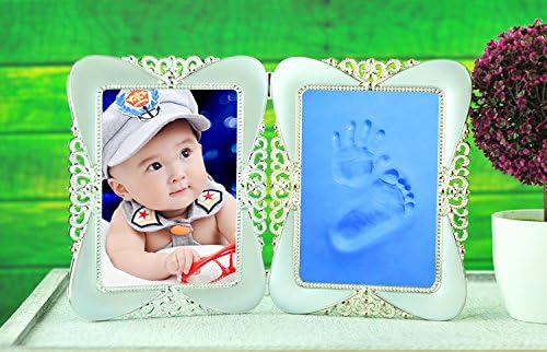 HealthyBB Charming Baby Handprint and Footprint Frame Package - Silver frame-Keepsake Preserves Priceless Memories - Non Toxic and Safe Clay - Hollow-out Decorative Pattern (Blue)