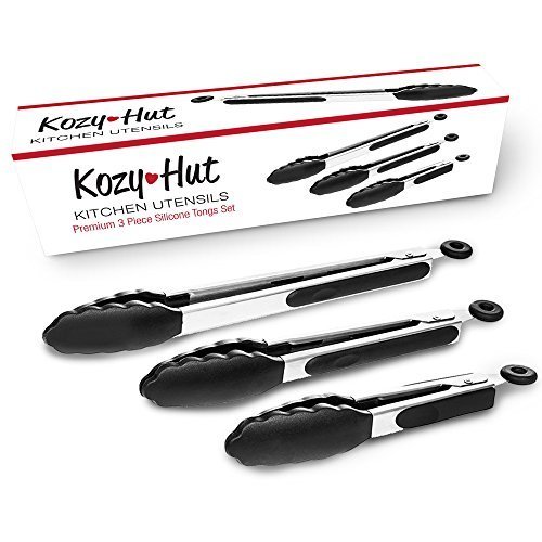 Premium Kitchen Tongs - Set Of 3 (7, 9 & 12 Inch) Heavy Duty Stainless Steel With Heat Resistant, Non Stick Silicone Heads In Black Are Restaurant Quality To Compliment Any Kitchen