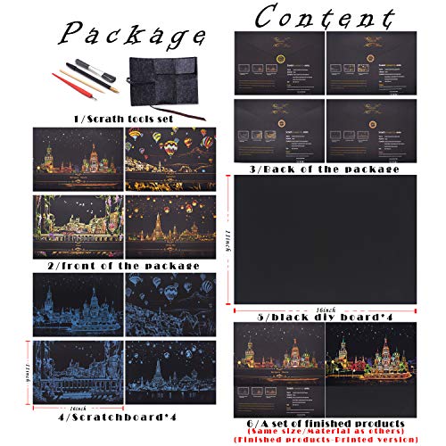 BOTEEN Rainbow Scratch Paper Painting Sketch Pad DIY Art Scenery View Scratchboard for Adults and Kids with 4 Tools&Finished Product,Size:16''x11''ï¼ˆ5 Packï¼‰