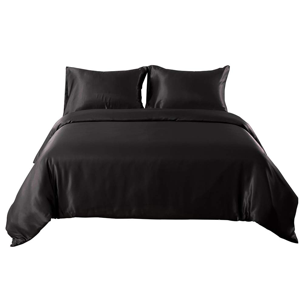 HOTNIU Full Satin Silk Duvet Cover Sets - Soft Luxury Silky 2 Piece Comforter Cover Set - All Season, Shiny Vibrant Bedding Set With SHAM (Single Size, Black)