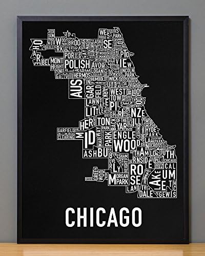 Ork Posters Framed Chicago Neighborhoods Map Art Screen Print, Black & White, 18" x 24" in Black Frame