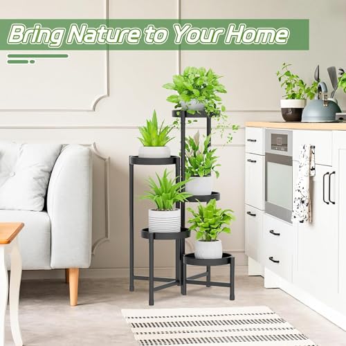 5 Tier Metal Plant Stand, Corner Tall Plant Shelf for Multiple Plants, Indoor Outdoor Flower Pot Holder for Living Room Balcony Garden Patio Yard, Black 48*48*80Cm