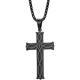 Aprila Cross Necklace for Men,Stainless Steel Black Silver Jesus Christ Crucifix Pendant Necklaces Meaningful Religious Jewelry，60cm Rolo Chain