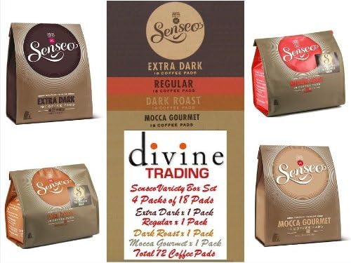 Douwe Egberts Senseo Variety Pack, Extra Dark Roast, Dark Roast, Medium Roast & Mocca Gourmet 18 Pads (Divine Trading Variety Box Set of 4, Total 72 Pads)