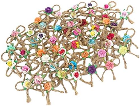 50 pcs Mini Jute Twine Bows with Rose for Gift Wrapping Crafts Embellishments Party Decoration, Assorted Colors