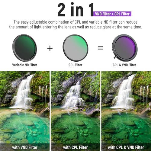 NEEWER 67mm True Colors Variable ND Filter ND2-ND32 & CPL, 2 in 1 Adjustable Neutral Density and Circular Polarizing Filter, Multi Coated HD Optical Glass/Aluminum Frame