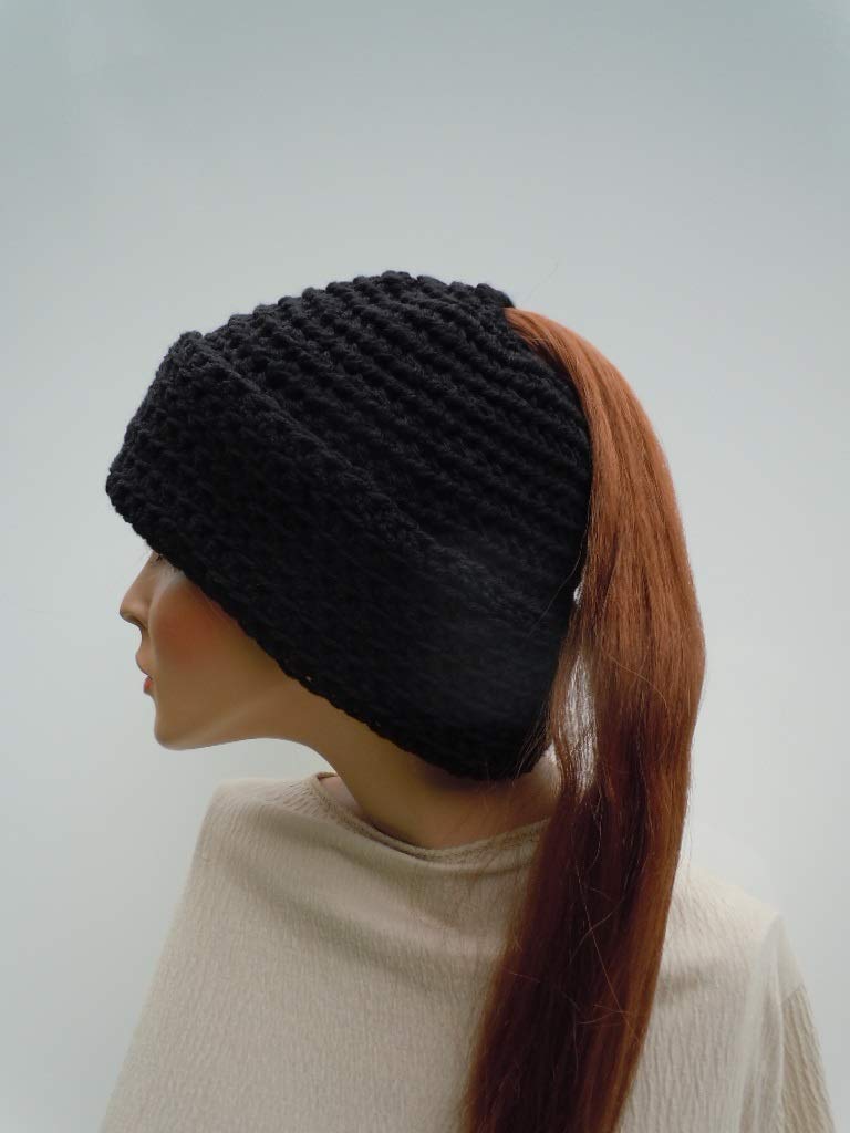 Amazon Com Sale Ponytail Hat Messy Bun Hat Black Hat Hat For Long Hair Winter Beanie Black Messy Bun Hat Cold Weather Hat Handmade