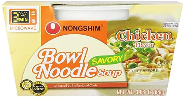NONGSHIM SAVORY CHICKEN NOODLE SOUP INSTANT RAMEN, 12 PACK, MICROWAVEABLE BOWL SOUP MIX, KOREAN RAMYUN WITH CABBAGE & CARROTS, SABOR A POLLO