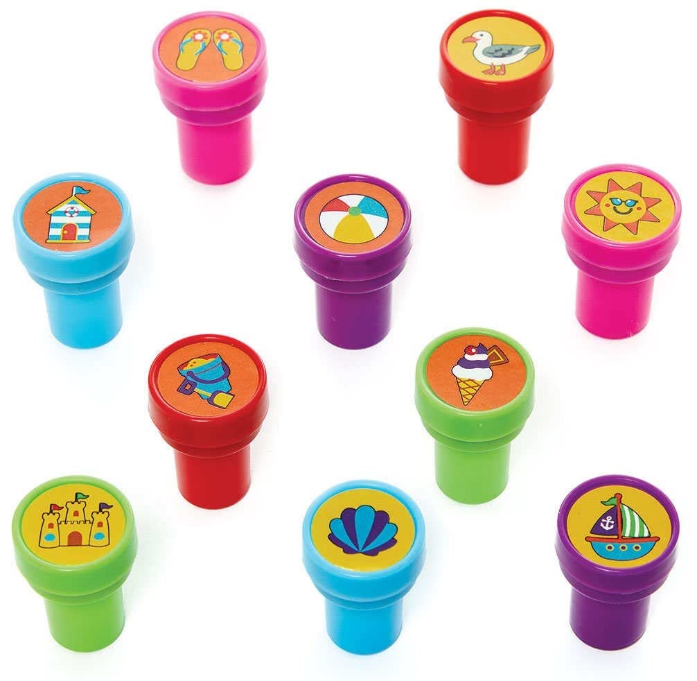 Baker Ross FC817 Seaside Self-Inking Stampers - Pack of 10, Stamps for Kids, Party Bag Fillers for Kids, Teacher Supplies