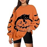 IsPICK Black Cat on Pumpkin Oversized Sweatshirt Halloween Sweatshirts for Women Fall Pumpkin Face Long Sleeve Pullover Tops