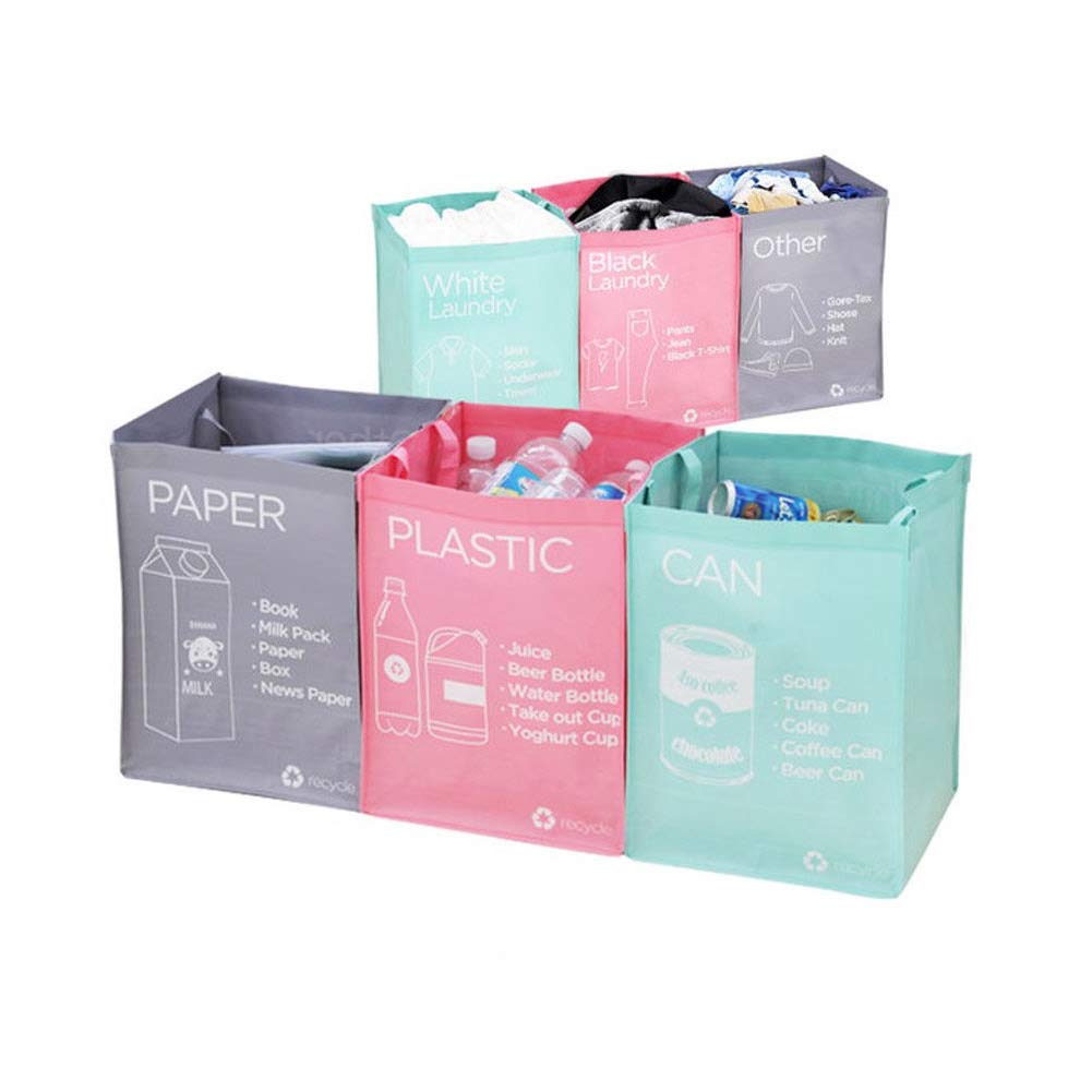 Ribens 12.0 liters Fabric Recycling Bin Set (Gray, Pink, Mint) - Square Waterproof In-home Recycling Bins with Handles, Hook and Loop for Convenient Separation of CAN, PLASTIC, PAPER