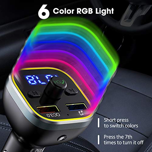 VT FM Transmitter for Car, Bluetooth 5.0 Car Radio Audio Adapter with QC3.0 Quick Charge & 6 RGB Colorful Light, MP3 Player Car Charger Support Hands-Free Calling, USB Drive, TF Card,Black