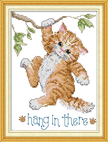 Cross Stitch Stamped Kits Quilt Pre-Printed Cross-Stitching Patterns for Beginner Kids Adults, Embroidery Crafts Needlepoint Starter Kits Kitten at Play