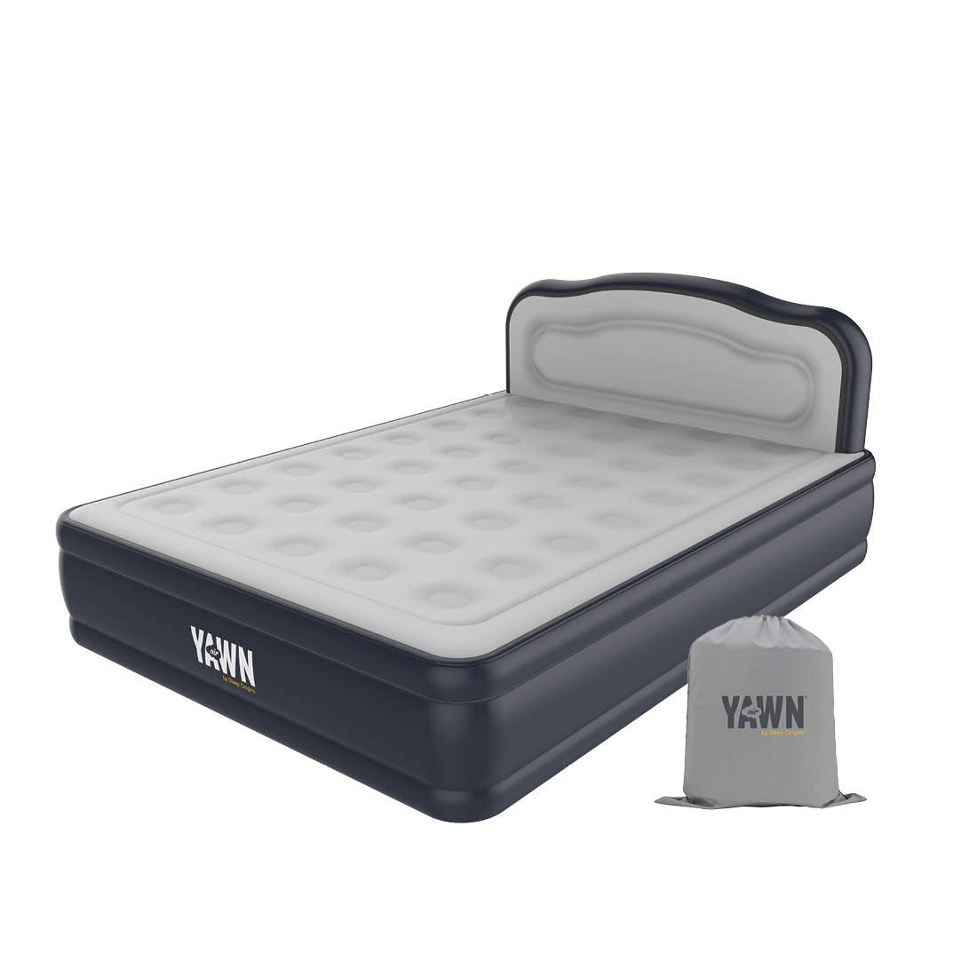 YAWN AIR Self-Inflating Airbed King Size - Great Guest Bed, Camping Mattress - Built-in Pump & Headboard - Grey Fabric Material - Available in UK Single, Double and King
