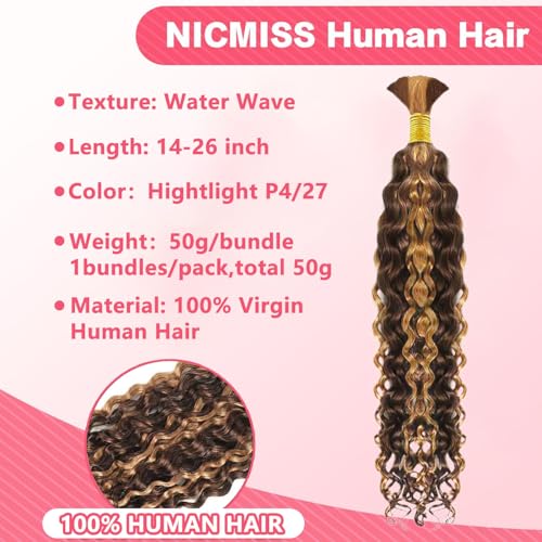 Human Braiding Hair 1 Bundle Water Wave Bulk Hair for Braiding 100% Unprocessed Brazilian Human Hair No Weft Highlight P4/27 Hair Extensions for Boho Braids (26 inch/50g)