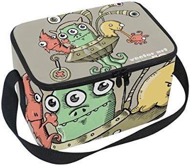 ALINLO Cartoon Alien Monster Lunch Bag, Zipper Insulated Cooler Tote Bag, Lunchbox Meal Prep Handbag for Picnic School Women Men Kids
