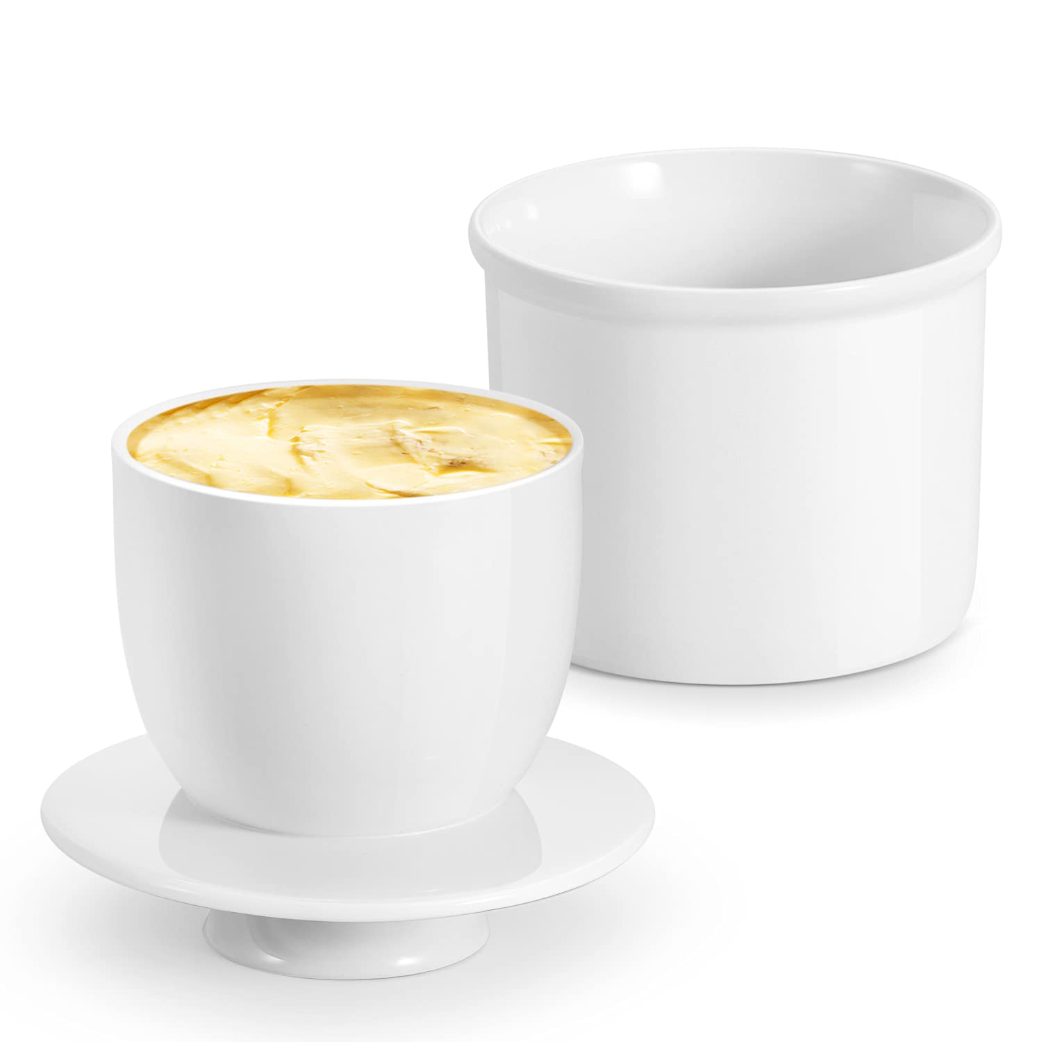 Flexzion Porcelain Butter Crock Butter Keeper, French Butter Dish Bell with Lid, Tabletop Spreadable Soft and Fresh Water Sealed Butter Holder Cafe Retro Collection Farmhouse Decor (White) 2 Pack