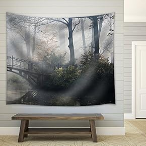 Old Bridge in Misty Autumn Park - Fabric Wall Tapestry Home Decor - 51x60 inches