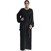 2PCS Muslim Abaya Dress for Women Satin-Textured Muslim Robe Lantern Sleeves Short Prayer Cardigan with Belt