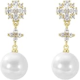Sterling Silver Pearl Drop Earrings for Women - Bridal Wedding Jewelry with Cubic Zirconia Crystals Pearls Hypoallergenic 9995