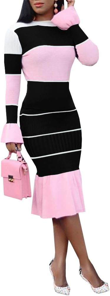 Women Long Sleeve Bodycon Sweater Dresses 2 Piece Color Block Ruffle Knit Midi Dress