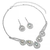 Silver Aurora Borealis Teardrop and 2 Line Rhinestone Necklace Dangle Earrings Jewelry Set