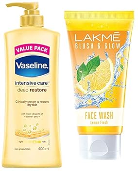 Vaseline Intensive Care Deep Restore Body Lotion, 400 ml & Lakme Blush and Glow Lemon Fresh Facewash, 100g