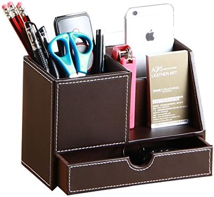PU Leather Multi-function Desk Pen Pencil Holder Office Stationery Organizer Storage Box Business Cards/Mobile Phone/Remote Control Holder Desktop Accessories Organizer (Brown-large)