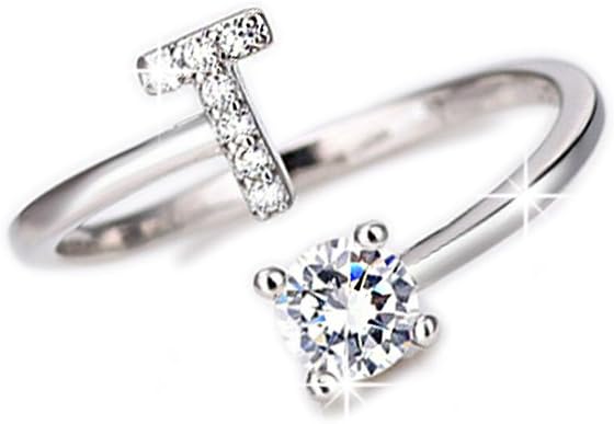 Beloved Women's ring with crystals - solitaire with initial letter rhodium plated - adjustable size - all the alphabeth letters - from size J to R